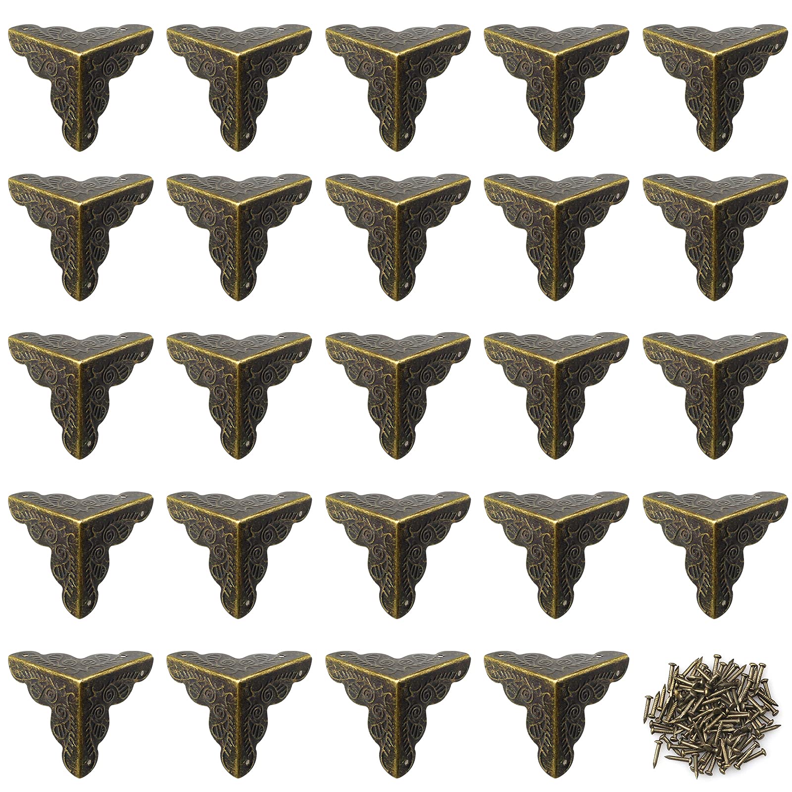 24PCS Baven 25MM Vintage Box Corner Protectors Antique Bronze Metal Furniture Corner Protectors for Decorative Cabinet Jewelry Box with 96 Matching Nails