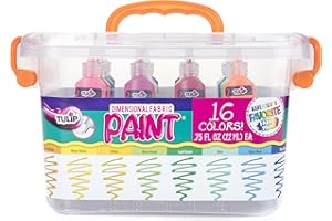 Tulip Puff Fabric Paint Big Box, Creative Party Kit, Includes Reusable Plastic Bin, Permanent 3D Paint for Fashion DIYs, Rock Painting, Arts & Crafts, Rainbow Colors, 16-Pack