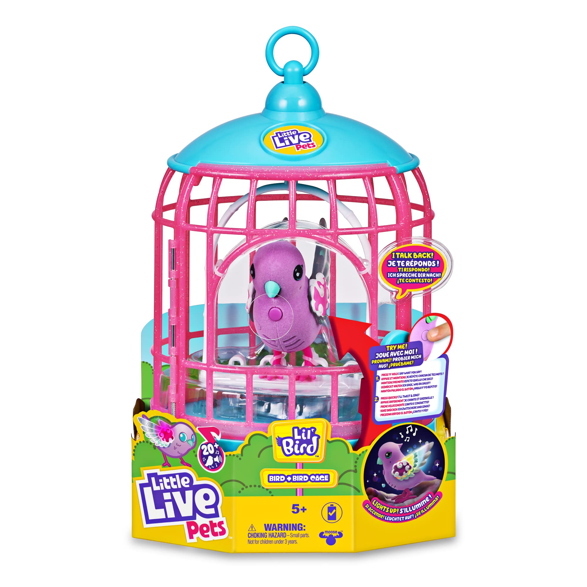 Little Live Pets - Parlanchines Birds Cage, Interactive Pet with 20+ Sounds and Reactions, Repeat What You Say, with Storage Box, for Boys and Girls Ages 5, Famous (LPB15000)
