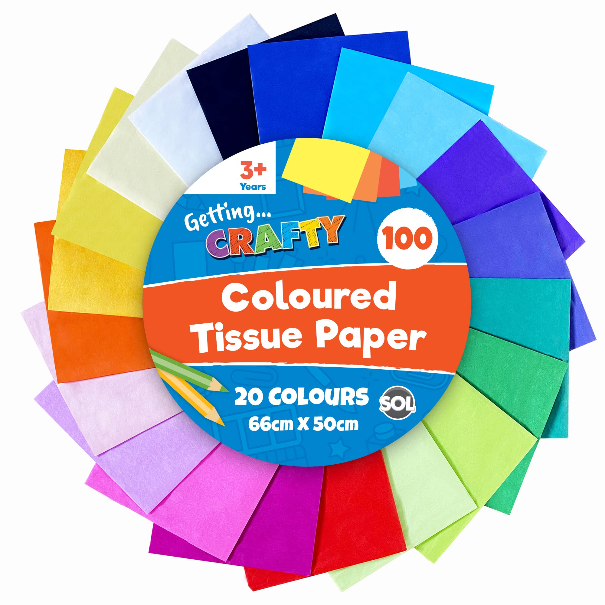 SOL 100pk Coloured Tissue Paper for Wrapping Gifts 66cm x 50cm Sheets for Packaging, Coloured Tissue Paper for Crafts, Arts, Gift Bags - Bright Rainbow Art Papers, Gift Wrapping & Party Decorations