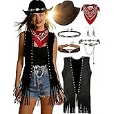 INFLATJOY Western Cowgirl Outfits for Women Fringe Vest Set cowboy hat double hatbands cowgirl costume