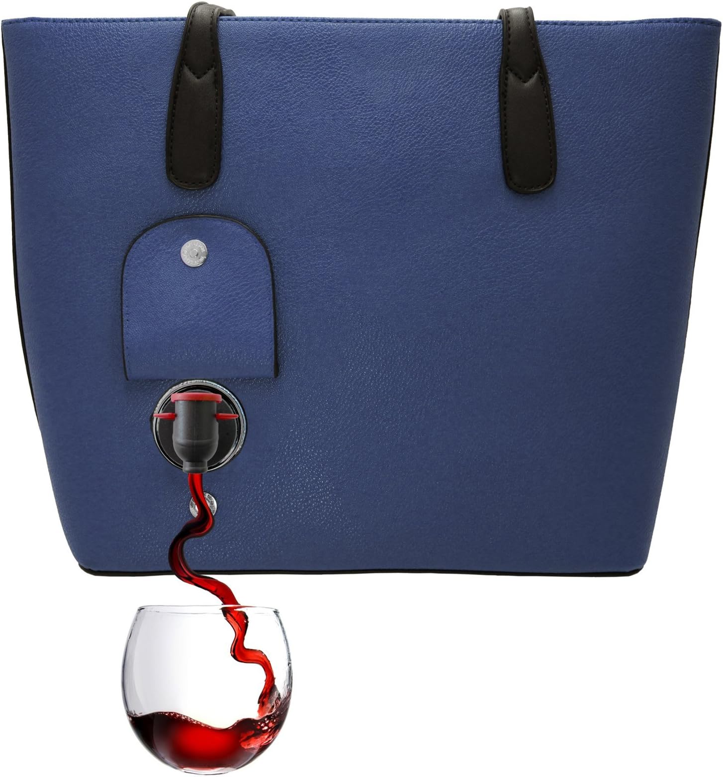 PortoVinoClassic Wine Tote Bag - Vegan Leather Purse with Hidden Spout and Dispenser, Holds and Pours 2 Bottles for Travel, Concerts, Picnics or Parties - Blue