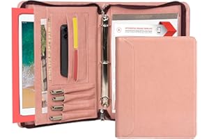 AZXCG Portfolio for Women, 3 Ring Binder Padfolio, Vegan Leather Office Binders Portfolio, Zippered Business Binder Folio Organizer, A4 Legal Pads Clipboard Padfolio, Gift for Women/Girls, Pink