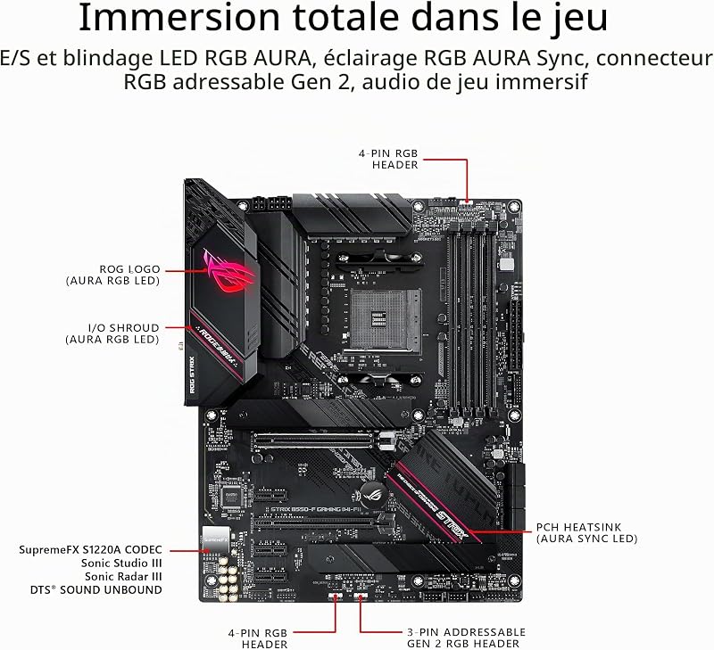 ROG Strix B550-F Gaming WI-FI II – Cartes mères Gaming AMD B550 Ryzen AM4 ATX (PCIe 4.0, 12+2 DrMOS, Intel 2.5 GB Ethernet, WiFi 6E, 2 x M.2, SATA 6 Gbps, USB 3.2 Gen 2, Aura Sync RGB)