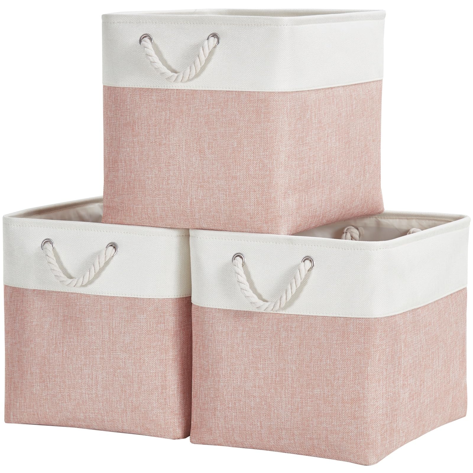 Mangata Fabric Storage Baskets, 33x38x33cm Foldable Storage Boxes for Organizing Clothes Shelf Nursery Home Closet(Pink/White, Set of 3)