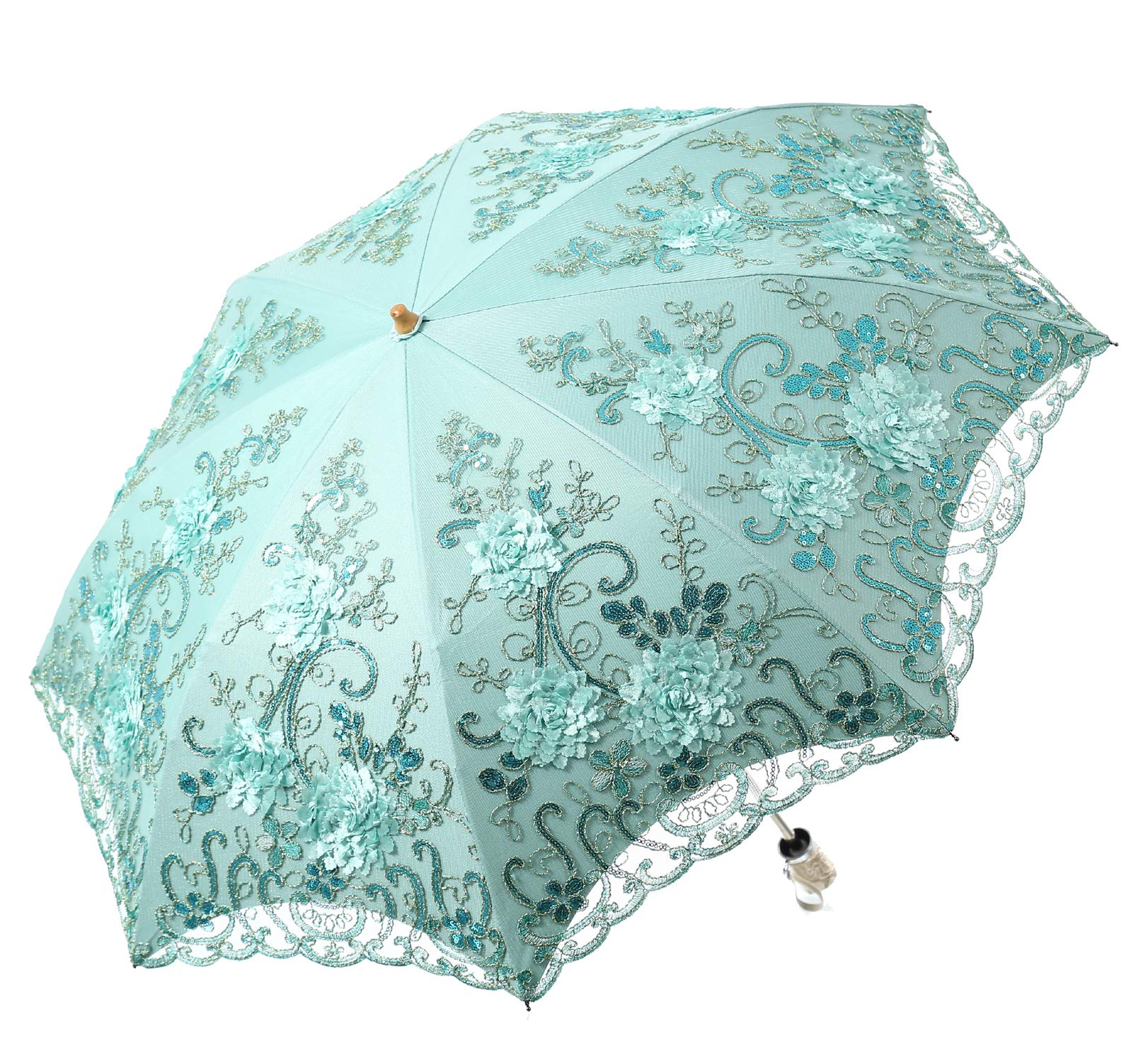 LCY Ladies Embroidered Lace Double-deck Anti-UV Parasol Umbrella Sun/Rain/Snow Folding Umbrella-Green
