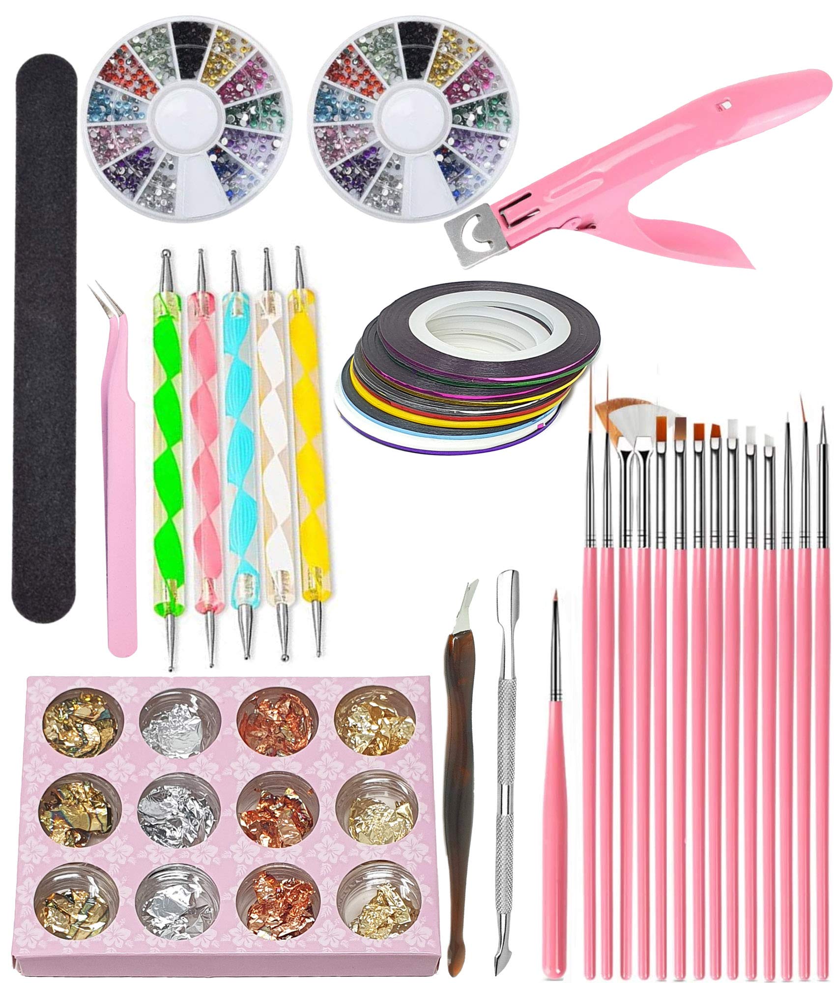 Kiara World 49pcs, Nail Pen Designer Stamp Art Tool Painting Brushes, Dotting Tool, Nail Foil, Striping Tape, Cuticle Pusher Trimmer, File, Colour Rhinestones, Tweezer, 3 Way Edge Cutter