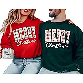 Up2ournecksinfabric Merry Christmas Sweatshirt Matching Couples Holiday Sweater Red and Green Plaid Christmas Crewneck Cozy Winter Pullover