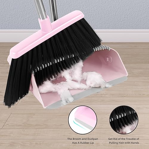 XXFLOWER Broom And Dustpan Set, Dustpans With Broom Combo For Home Heavy Dust Broom And Dustpan Combo Long Handle Dust Pan And Broom Set For Kitchen Office Pet Hairgray Pink - View #3