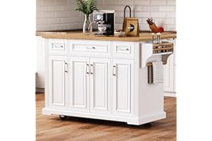 MEETFAV 54" Large Kitchen Island with Rubber Wood Drop Leaf, Rolling Kitchen Cart with Ample Storage on 4 Wheels with 4 Doors and 3 Drawers, Moveable Island Table with Embossed Texture for Dining Room