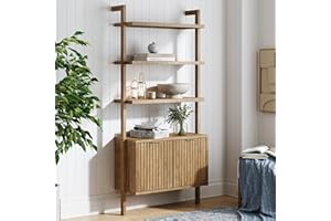 Nathan James Jasper 3-Shelf Solid Wood Boho Bookshelf, Wall Mounted Bookshelf with Cabinet with Fluted Doors, Light Brown