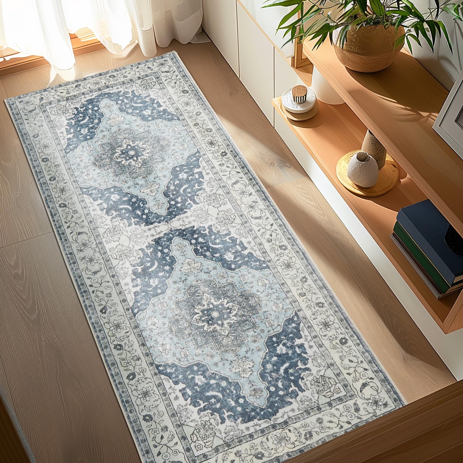 Photo 1 of Topllen Runner Rug - 2'x5' Boho Washable Kitchen Rug, Non-Slip Soft Low Pile Rugs Indoor for Entrance Bedroom Bathroom Living Room,Vintage Throw Hallway Carpet Stain Resistance (Blue, 2x5ft)
