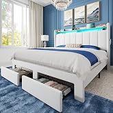 Allewie Full Size Bed Frame with 2-Tier Storage Headboard &amp; 2 Large Drawers | Velvet Upholstered Full Platform Bed Frame with LED Lights, Charging Station, Noise-Free, No Box Spring Needed, White