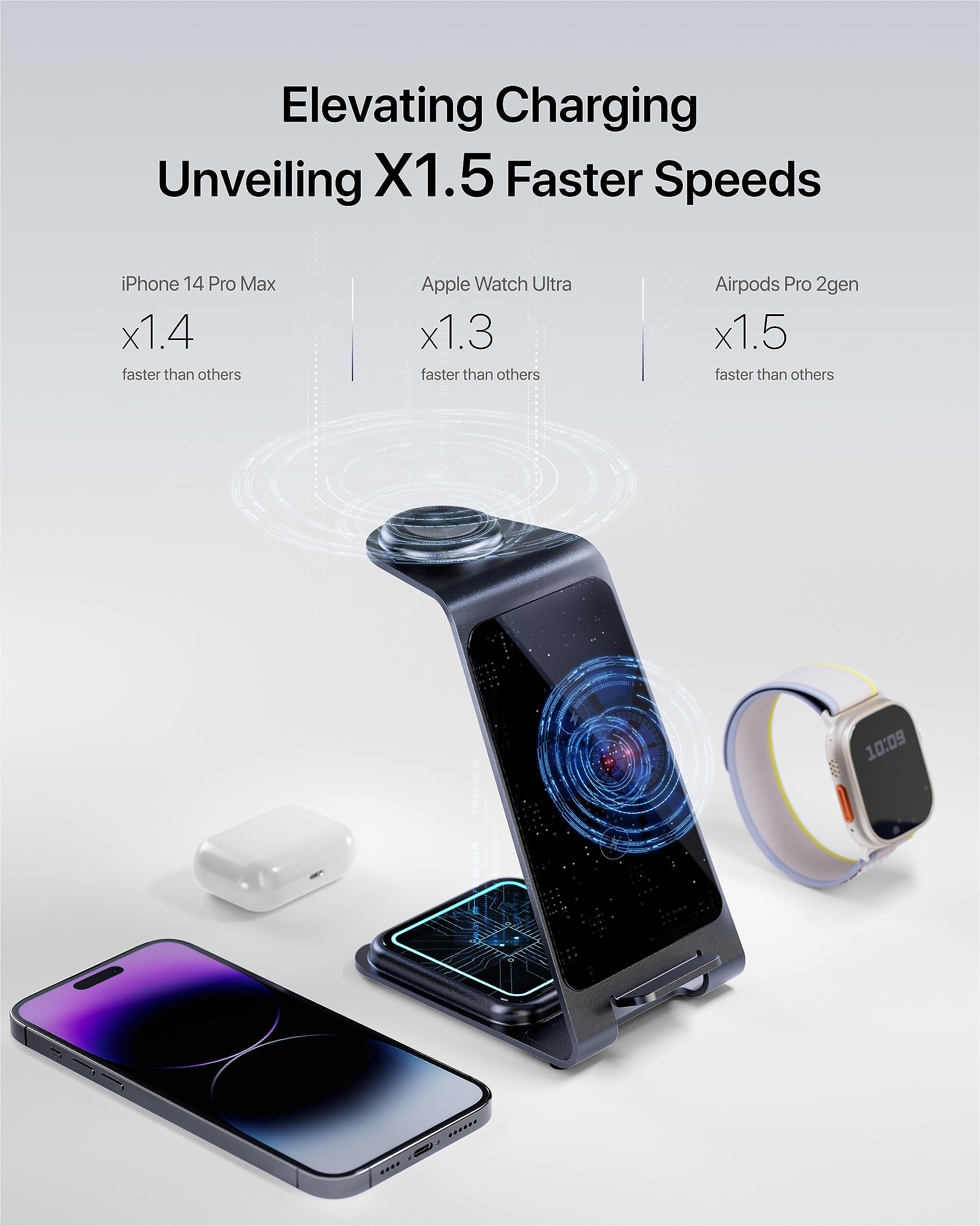 Intoval 3 in 1 Wireless Charging Station for iPhone 16 15 14 13 12 11 X Pro Max, Wireless Charger for Apple Watch Ultra 3 SE 9 8 7 6 5 4 3 2, for AirPods 4 Pro Pro 2 3 (Y93, Grey)