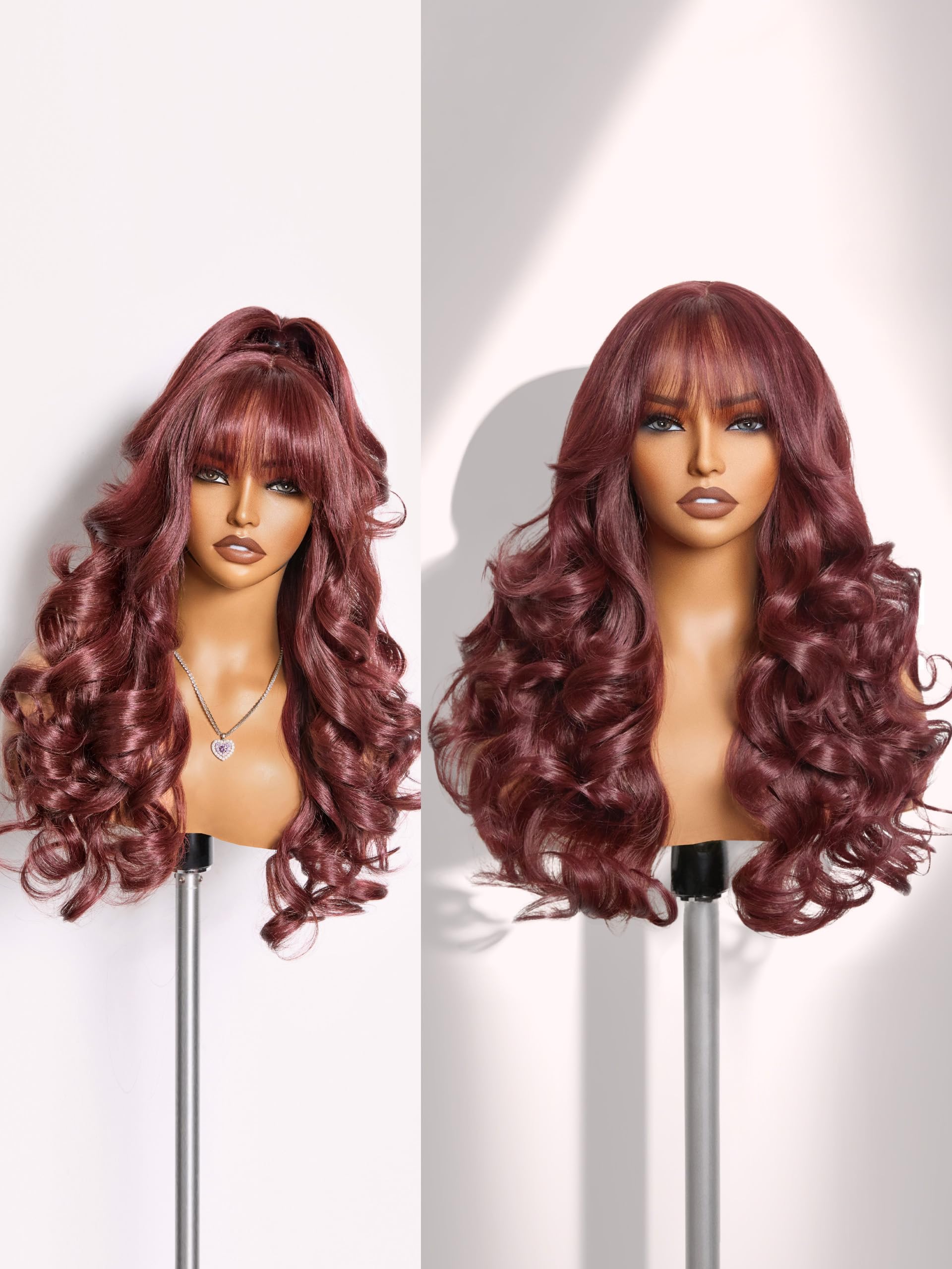Photo 1 of GORGIUS Glueless Wavy Wig with Bangs Burgundy Synthetic Curtain Bang Wig with Realistic Scalp 22 Inch