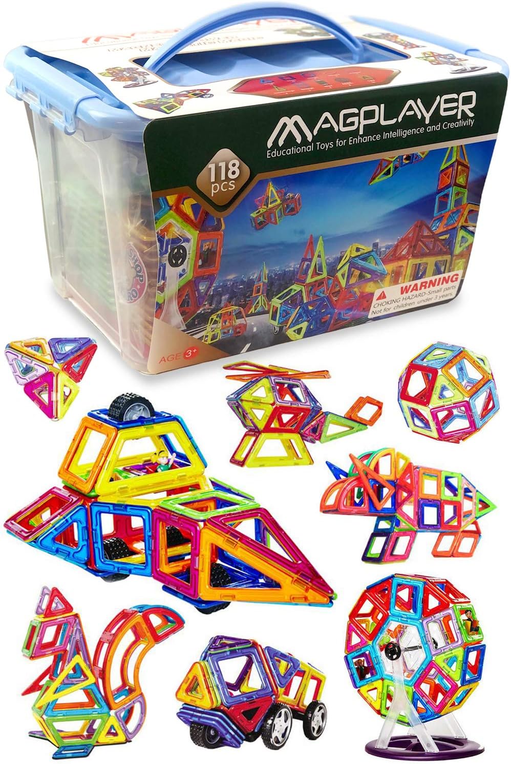 Amazon マグプレイヤー ボックスケースセット くるま 観覧車 人形パーツ はめ込みブロック付属セット 創造力を育てる知育玩具 収納ケース ガイドブック付き ブルーケース 1ピース ブロック おもちゃ