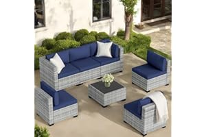XTWEEX 7-Piece Outdoor Rattan Sectional Sofa Set, Gray Wicker Patio Furniture Sets with Navy Blue Cushions for Balcony, Porch, Backyard