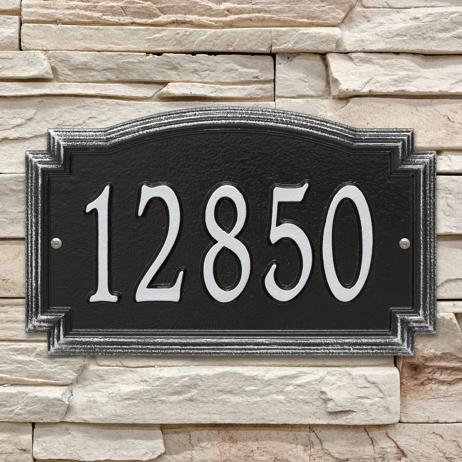 Address Signs - Whitehall Barcelos Personalized Cast Metal Address Plaque Custom House Number Sign 3343BS with One Line in Black and Silver Color 14 X 8.5