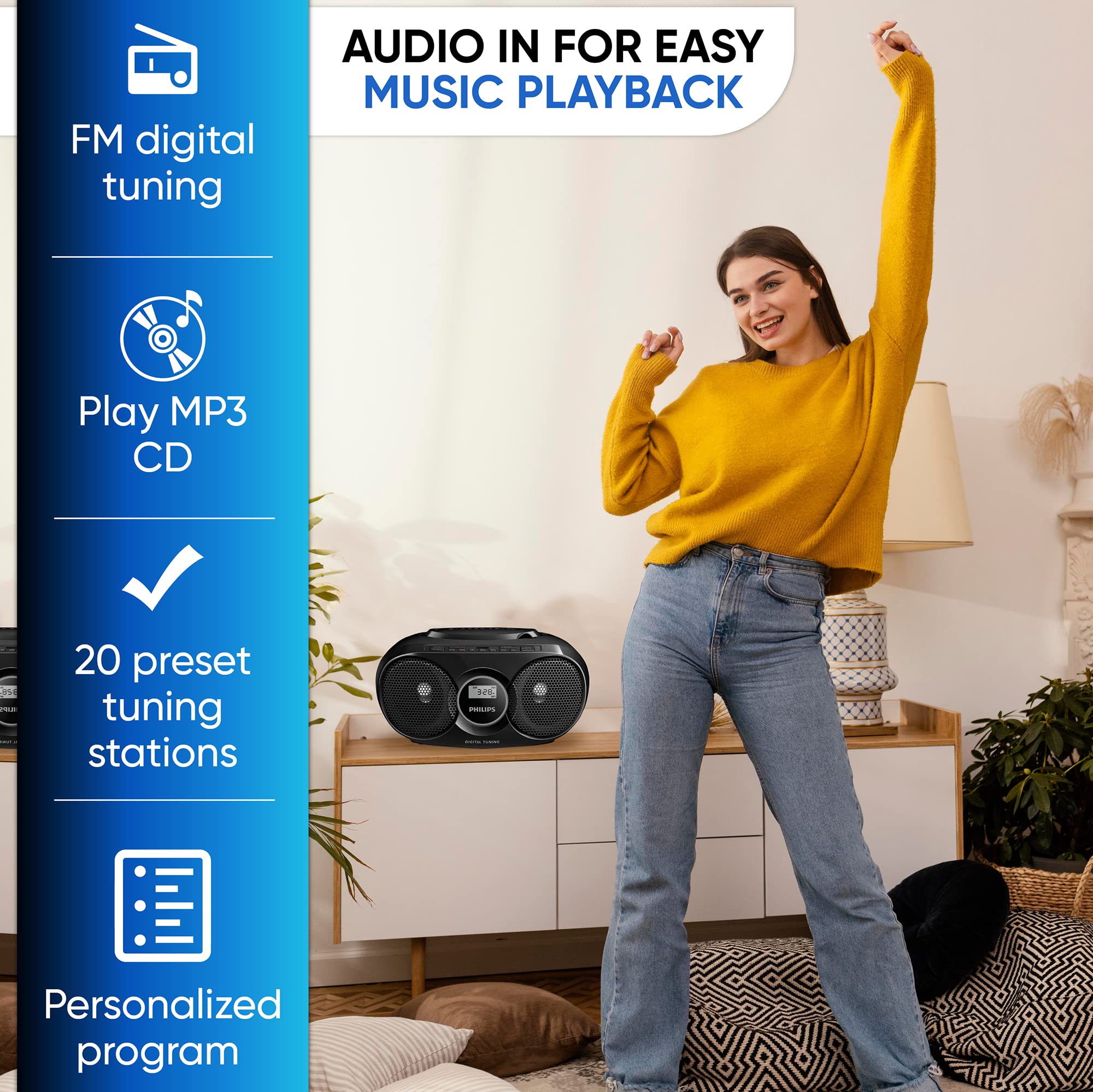 Philips Portable CD Player Boombox, Stereo Dynamic Bass Boost Speakers, Lightweight FM Radio CD Player with LCD Display, USB Playback, Aux Line-in, Boombox Portable for Home AZ318B/37