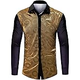CARUHIF Men's 70s Disco Shirt Sequin Long Sleeve Button Shirts Shiny Prom Party Costume