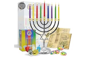 NER MITZVAH Menorahs for Chanukah - Complete Set Hanukkah Menorah - Menorah, Hanukkah Candles, Dreidels, Play Coins, Guide