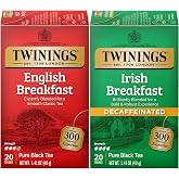 Twinings Tea Variety 2-Pack &ndash; English Breakfast, Caffeinated + Irish Breakfast, Decaffeinated, Black Tea Bags, Individually Wrapped, 20 Count Each
