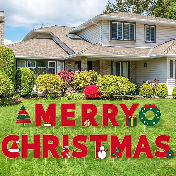 FOVTHS GIANT 18 INCHES RED MERRY CHRISTMAS LARGE LETTER YARD SIGN PLASTIC WATERPROOF YARD SIGN LARGE HOLIDAY LAWN SNOW SIGN DECOR WITH STAKES FOR CHRISTMAS HOLIDAY OUTDOOR LAWN DECOR