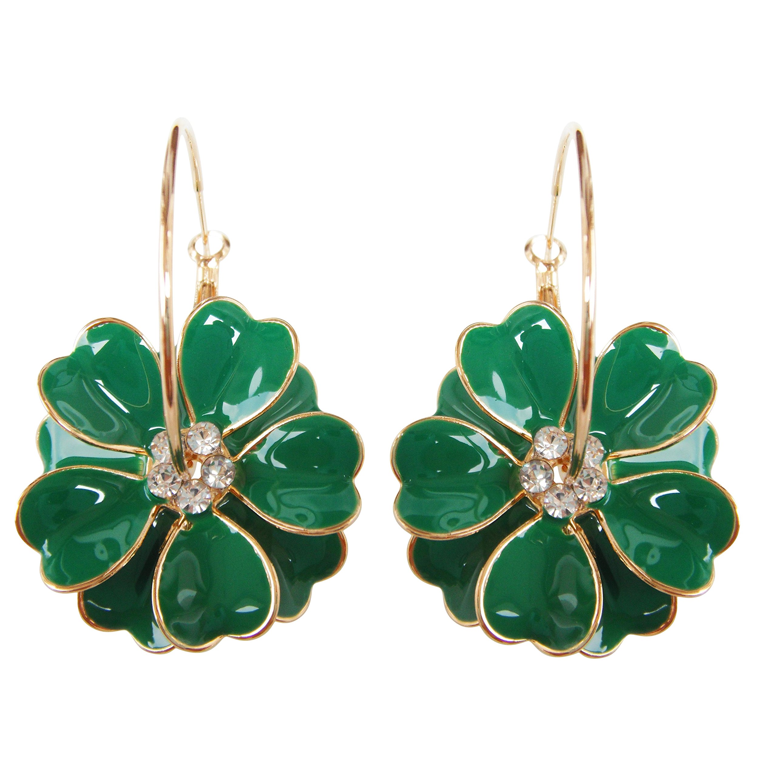 Navachi 18k Gold Plated Deep Green Enamel Flower Crystal Az2423e Hoop Earrings(dia. 3cm)