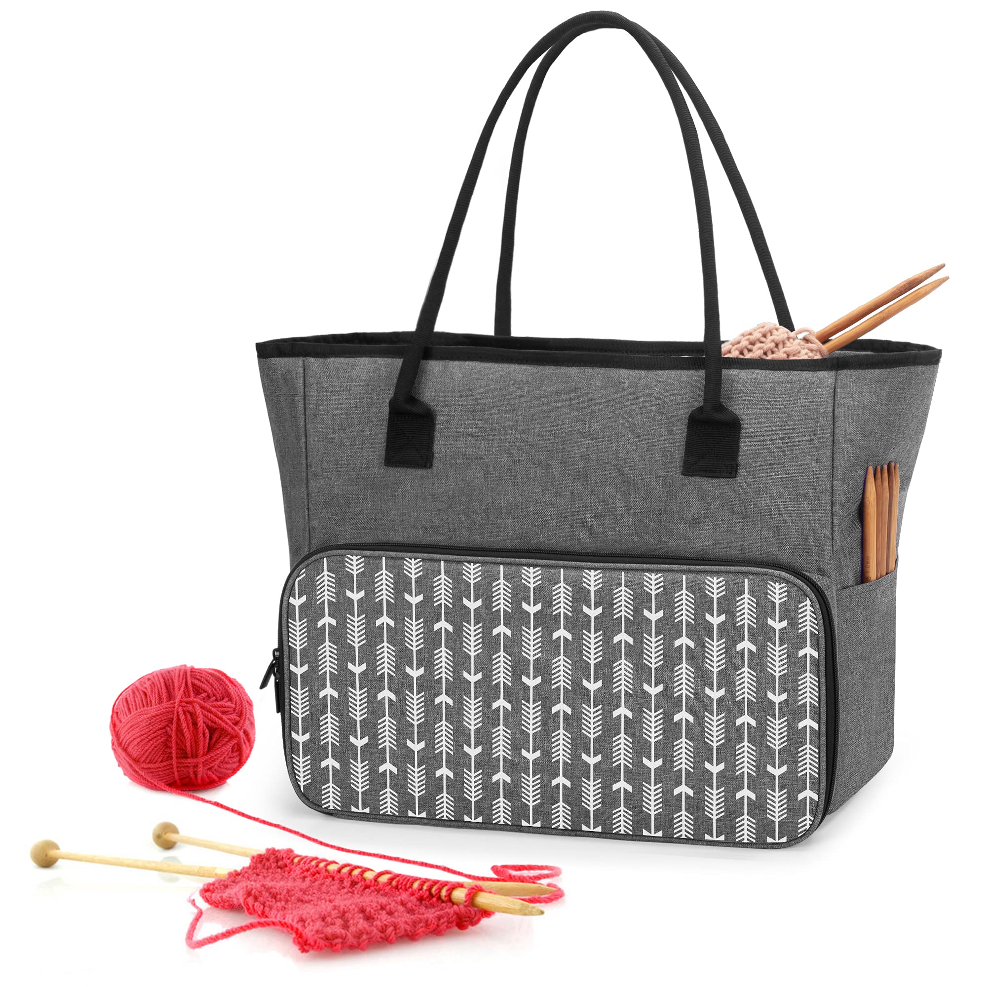 Yarwo Knitting Tote Bag with Pockets for WIP Projects, Yarn Storage Organizer Bag for 14”/35.5cm Knitting Needles, Yarn, Crochet Hooks or Other Accessories, Grey with Arrow Pattern