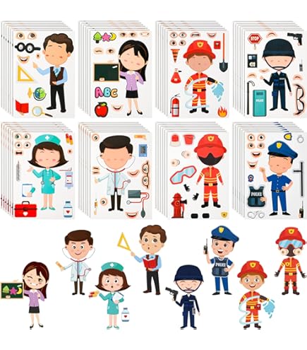 24 Sheets Firefighter Stickers For Kids, Make-A-Face Fireman