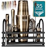 BARE BARREL&reg; Mixology Bartender Kit Bar Set | 14-Piece Cocktail Shaker Set | Martini Barware Mixing Tools for Home Bartending | 35 Recipe Cards | Gift Set (28oz Boston Shaker, Brass/Black)