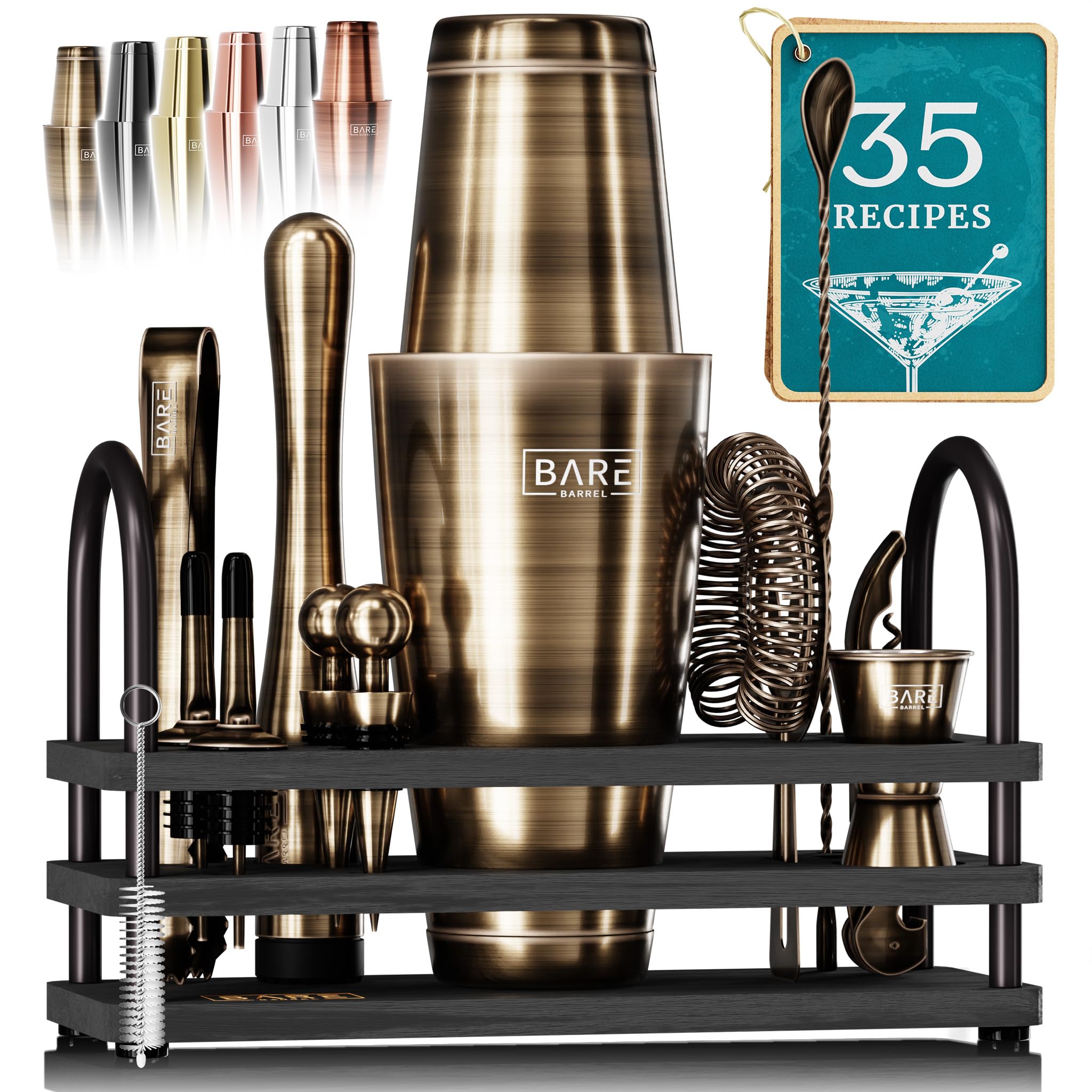 BARE BARREL® Cocktail Making Kit | 14-Piece Bartender Kit Cocktail Shaker Set Maker | Display Stand & 35 Recipe Cards | Mixology Cocktail Gift Set (800ml/28oz Boston Shaker, Brass/Black)