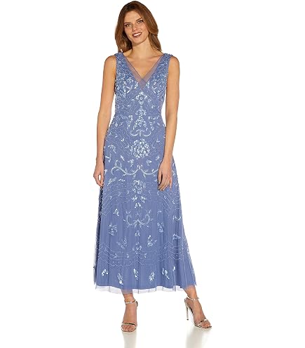 Adrianna Papell Women's Beaded Mesh Long Dress, French Blue, 10 : Clothing, Shoes & Jewelry