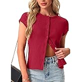 Womens Short Sleeve Shirts Casual Summer Ribbed Knit Tshirts Fitted Button Up Tops