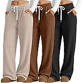 Neer 3 Pack Women's Waffle Knit Pants Wide Leg Baggy Sweatpants Casual Drawstring High Waisted with Pockets Knit Trousers