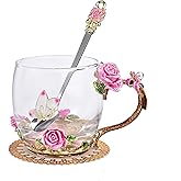 SUQ I OME Enamel Rose and Butterfly Flower Glass Tea Cup, Birthday Gifts For Women,Wife, Friend for Valentines Wedding, Pink 