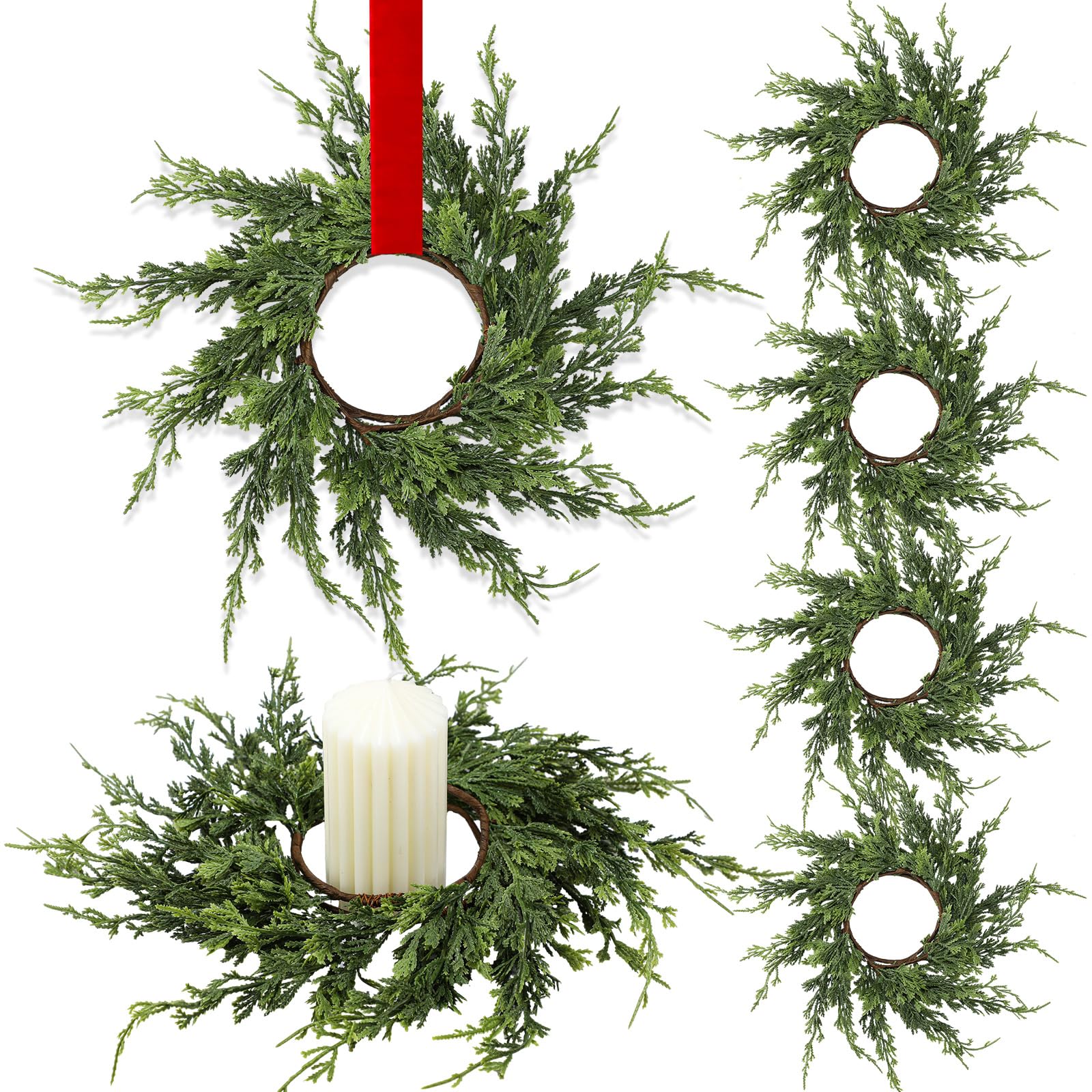 Photo 1 of Vesici 4 Pcs 12.6'' Christmas Candle Rings Wreath Artificial Cedar Mini Kitchen Cabinet Wreath Decoration Xmas Candle Ring Table Centerpiece Decor for Christmas Wedding Home Table Decoration