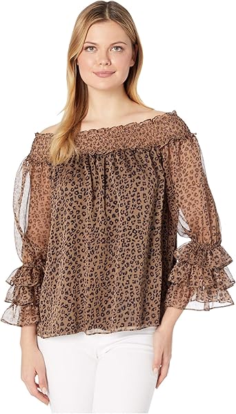 cece leopard print off the shoulder ruffle blouse