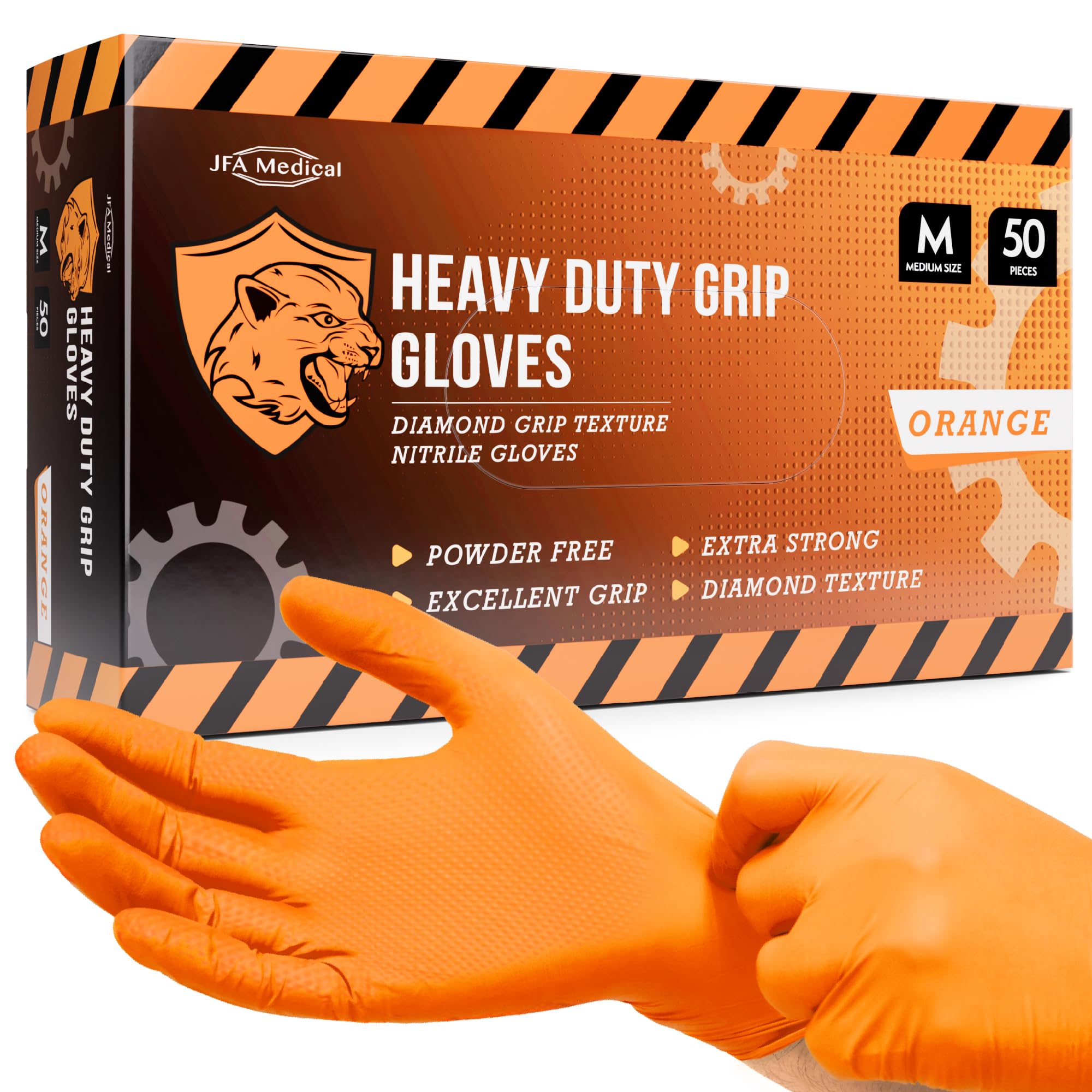 JFA Medical Disposable Heavy Duty Mechanic Powder Free Latex Free Orange Diamond Grip Nitrile Gloves - Box of 50 (Medium)