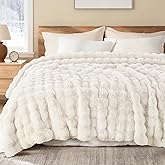 Exclusivo Mezcla Faux Fur Queen Size Blanket for Bed, Luxury Reversible 3D Rabbit Bubble Fur Fuzzy Thick Sherpa Blankets for Winter, Plush Fleece Warm Cozy Sofa Bed Throw, 90x90 Inches, White