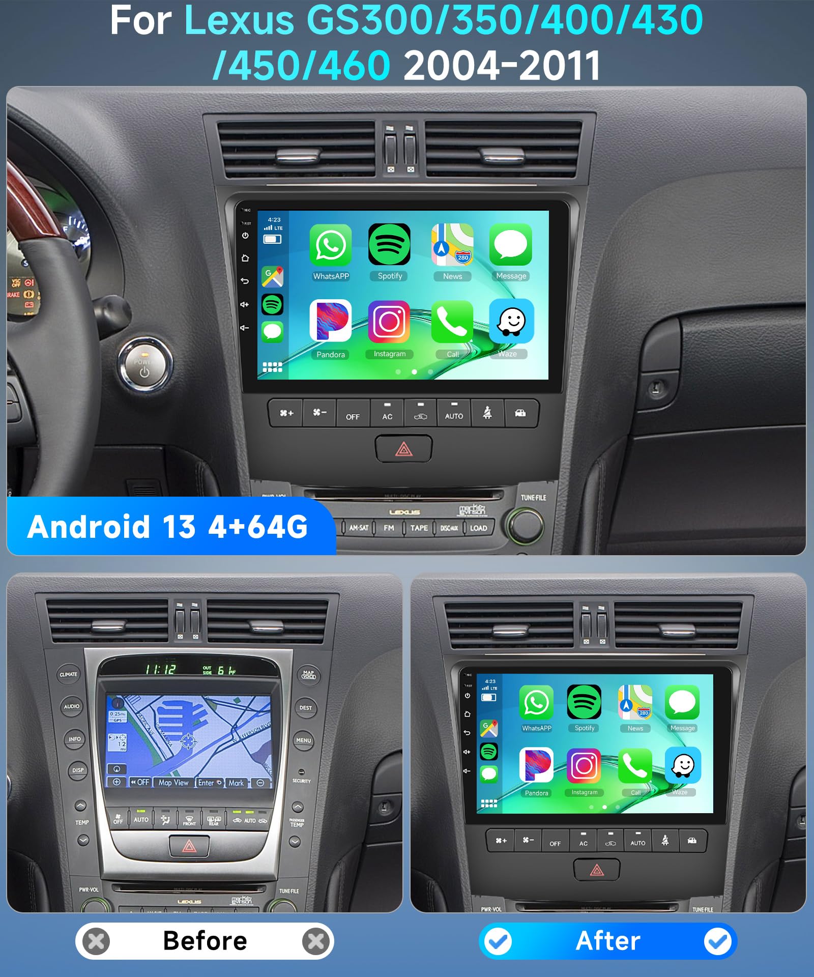 4+64G Android Car Stereo for Lexus GS300/350/400/430/450/460 2004-2011 Wireless Carplay Android Auto Car Radio, 9’’ Touch Screen Head Unit Bluetooth GPS WiFi Mirror Link FM/RDS DSP Backup Camera SWC