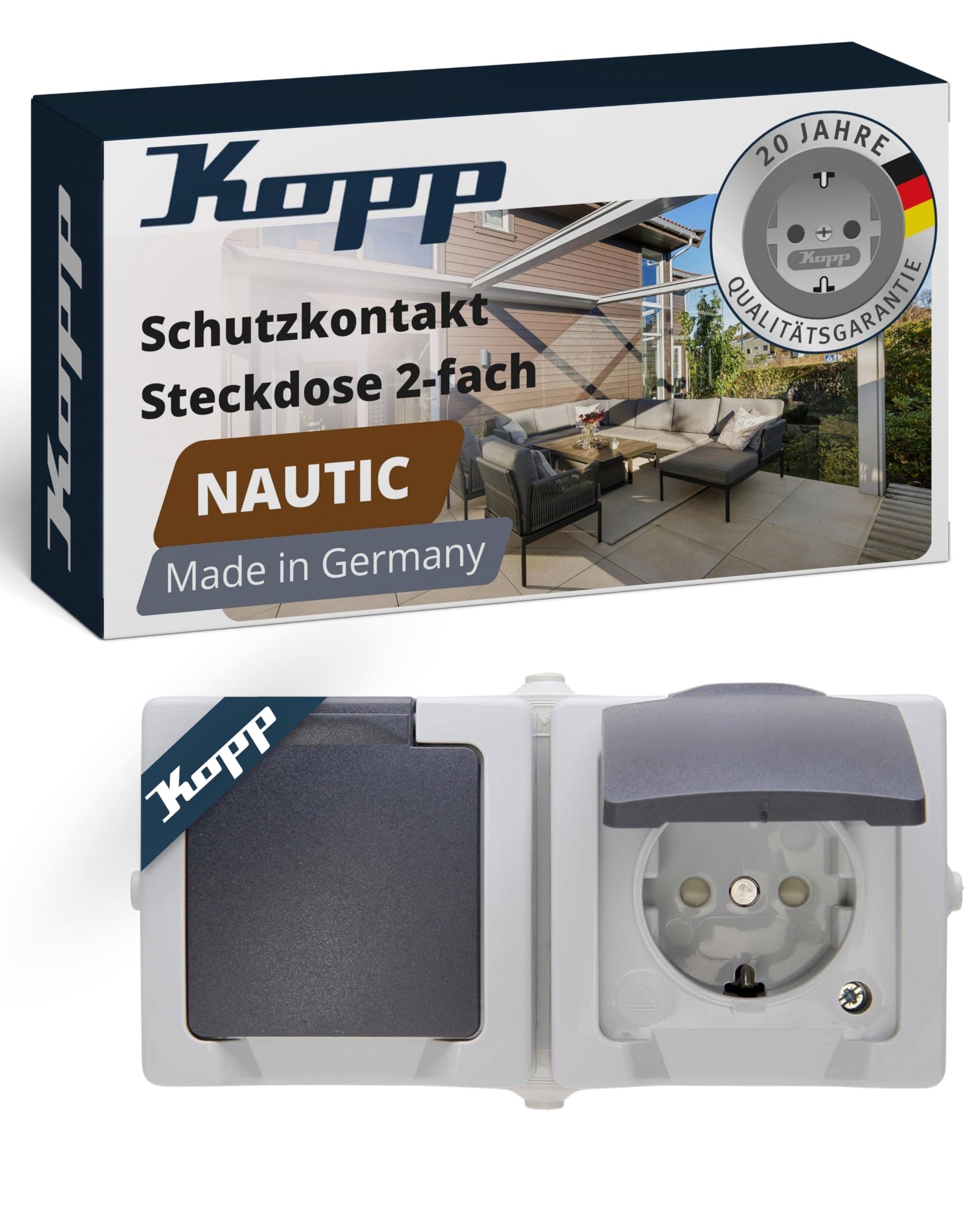 Kopp Surface-Mounted Socket For Damp Rooms With Hinged Cover & Protection Against Accidental Contact (Childproof Lock) 16 A / 250 V and Ip44 (Horizontal) Set of 2 Grey