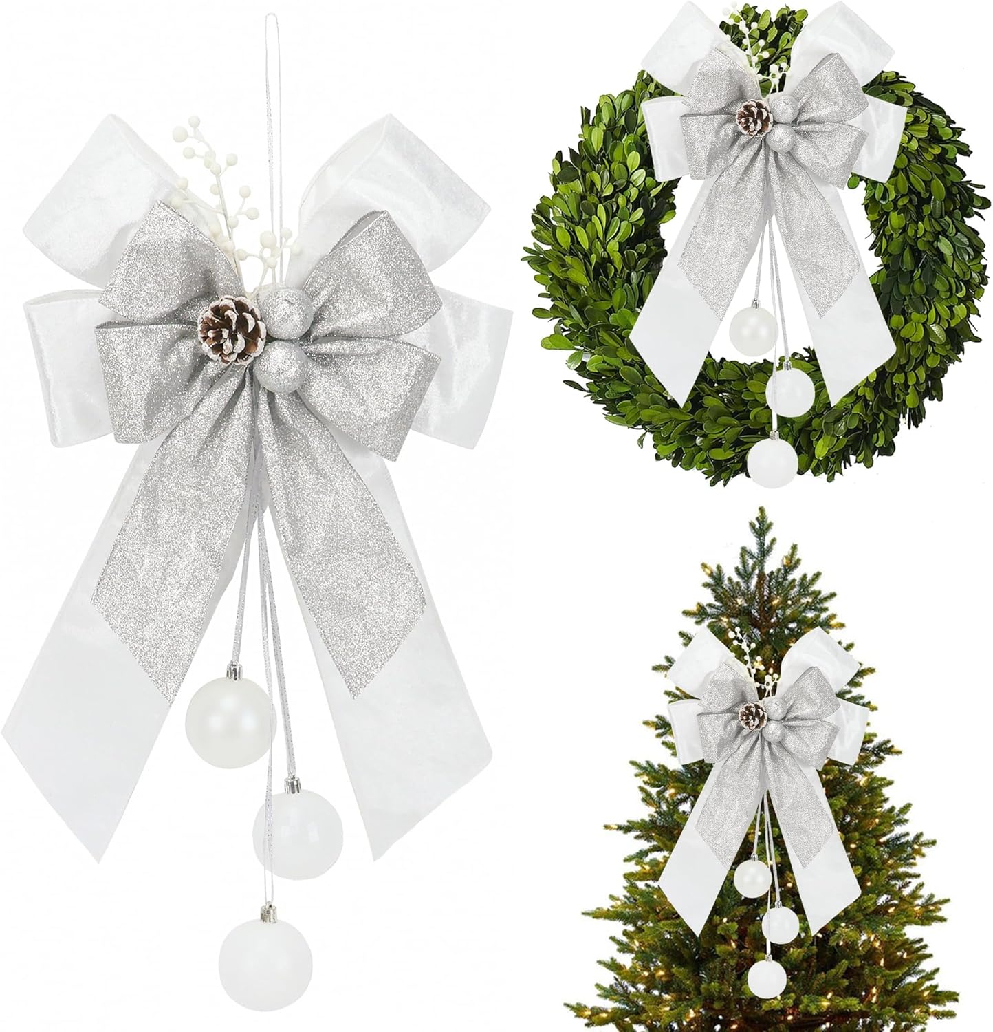Tree Toppers - AIMUDI White Christmas Tree Topper, 11 x 16 Inches White and Silver Christmas Tree Bows Lantern Bow Decoration Velvet Wreath Bows with Christmas Balls Bows Decoration Bows, 1 PC