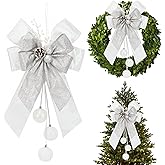 AIMUDI White Bow for Christmas Tree 11 x 16 Inches White and Silver Christmas Tree Bows Velvet Christmas Bows for Wreaths Tree Topper Bow Door Staircase Winter Decorations, 1 PC