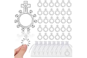 Landical Baptism Favors Set Religious Finger Rosary Rings Bulk Small Pocket Cross Prayer Catholic Rings with Organza Bags for Guests Men Women Christening Party Favors Baby Shower Supplies