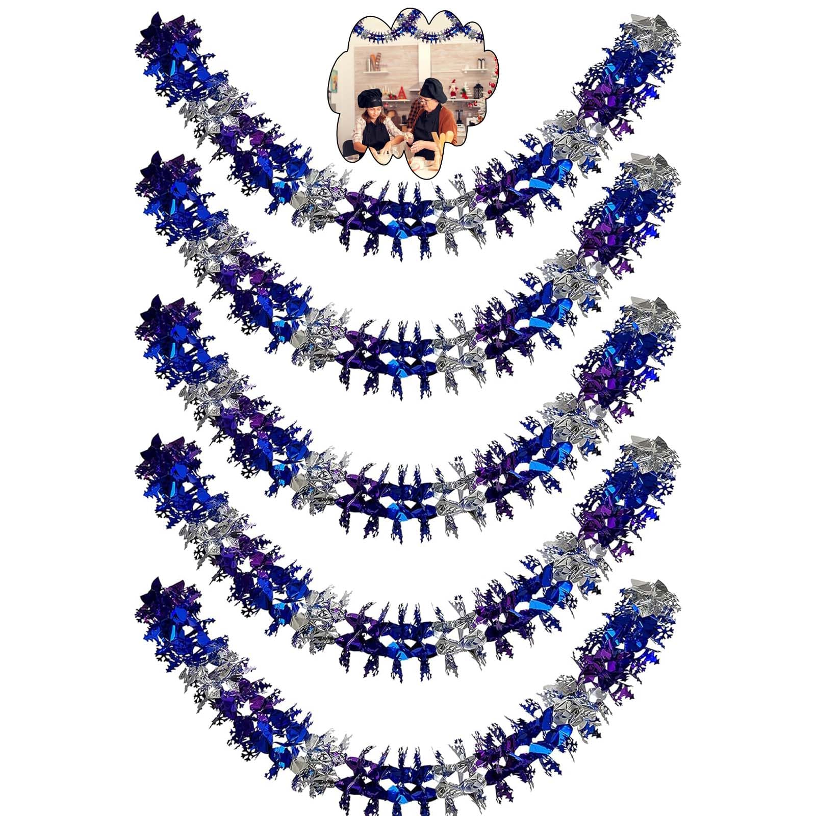 5Pcs Christmas Foil Hanging Decorations, 10M Total Foil Snowflake Christmas Garlands Wall Ceiling, Xmas Home Décor Party Supplies (Purple,Silver,Blue)