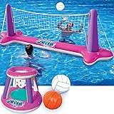 Inflatable Volleyball Net & Basketball Hoops Pink Pool Float Set; Balls Included for Kids and Adults, Summer Floaties, Summer