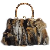 Fosrion Real Fox Fur Handbag – Vintage Kisslock Purse with Bamboo Handle, Patchwork from Ethically Sourced Nordic Fur
