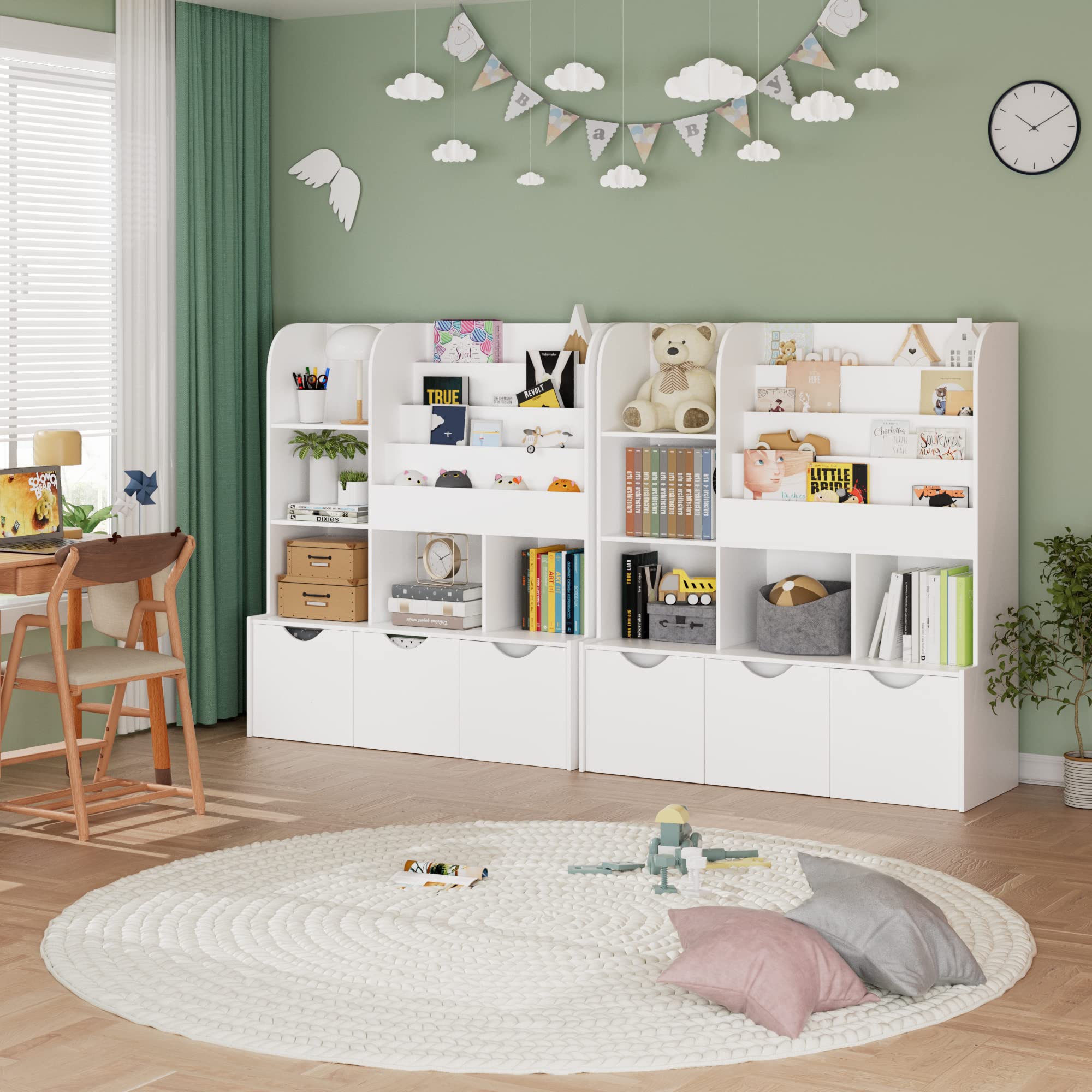 FOTOSOK 47'' Kids Bookcase and Bookshelf, Multifunctional Bookcase with 5 Storage Cubbies and 3 Movable Drawers, Toy Storager Display Stand, Toy Storage Organizer for Bedroom, Playroom, Hallway, White