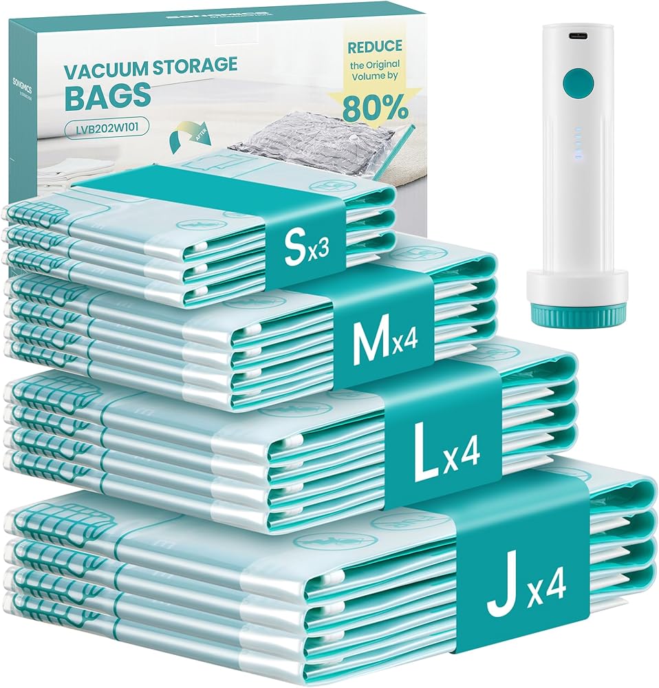SONGMICS Vacuum Storage Bags, Rechargeable Portable Electric Pump, Space Saver Vacuum Seal Suction Bags for Clothing Travel B